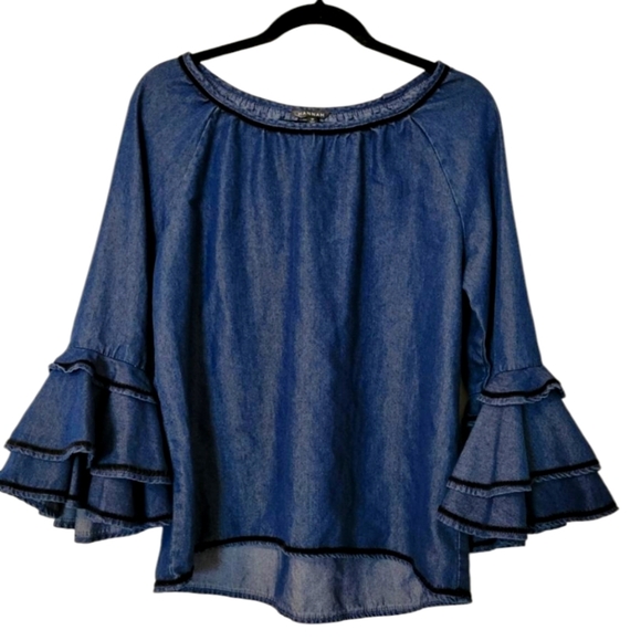 Hannah Tops - Hannah Women's Denim Blue Ruffle Sleeve Bohemian Top Tunic. Size M